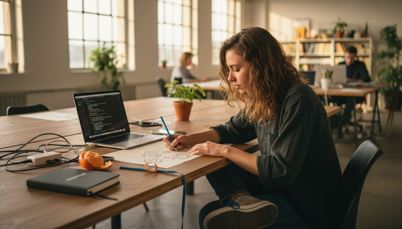 In einem Gemeinschaftsatelier entwirft ein Designer neue Icon-Skizzen.