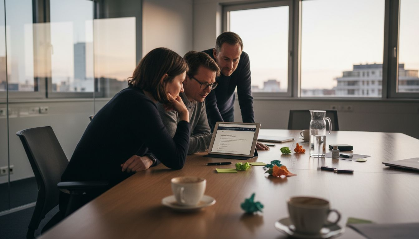 Kreativteam der Agentur bespricht das nächste Webprojekt gemeinsam am Tablet.