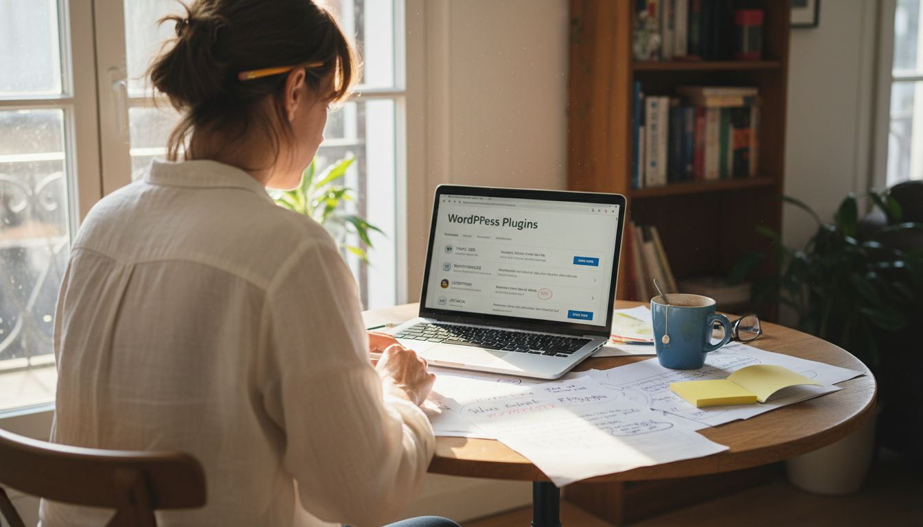 Ein Webseitenbetreiber sitzt am Küchentisch und überlegt, welche WordPress-Plugins am besten zu seinem Projekt passen.