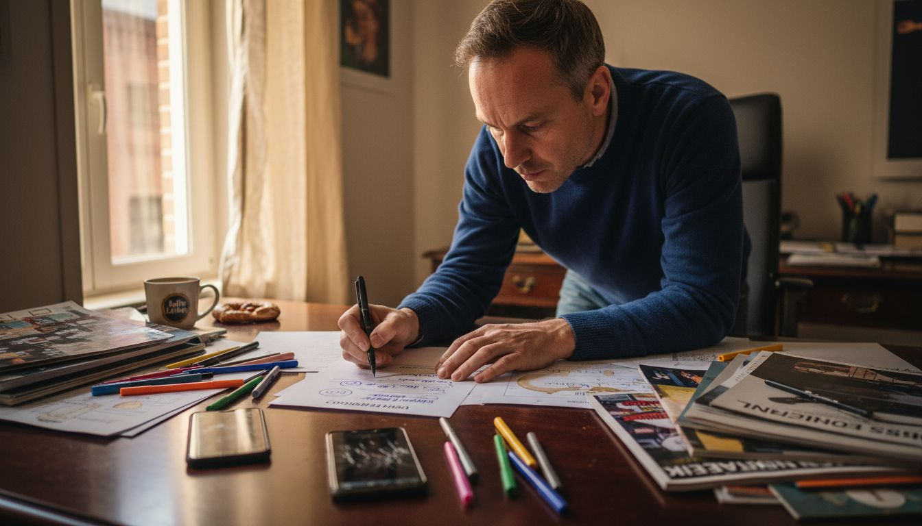 Der Regisseur schaut sich im Studio-Büro das Drehbuch für das Video noch einmal genau an.