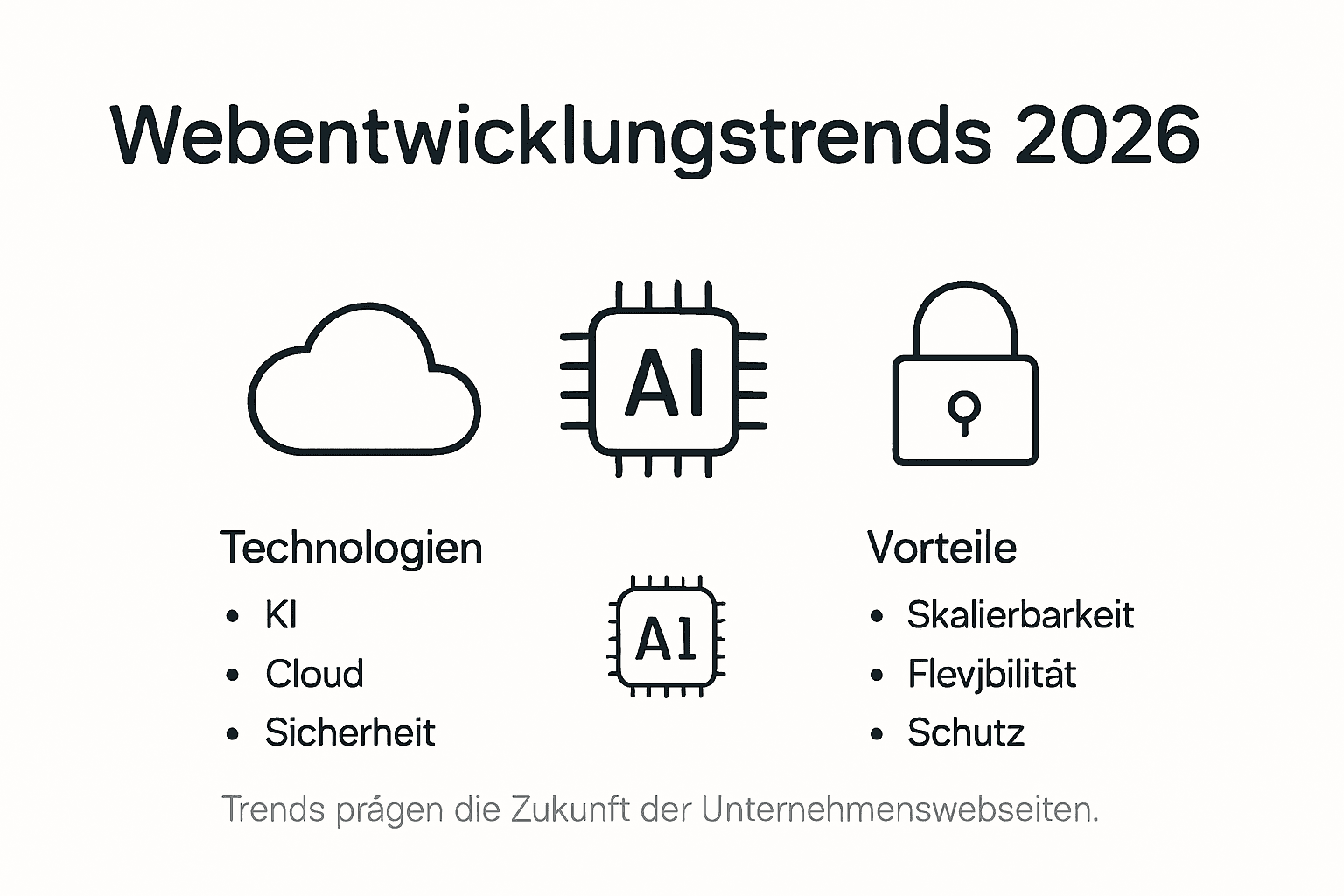 In dieser Infografik werden die wichtigsten Trends der Webentwicklung für das Jahr 2026 sowie deren Vorteile übersichtlich dargestellt.