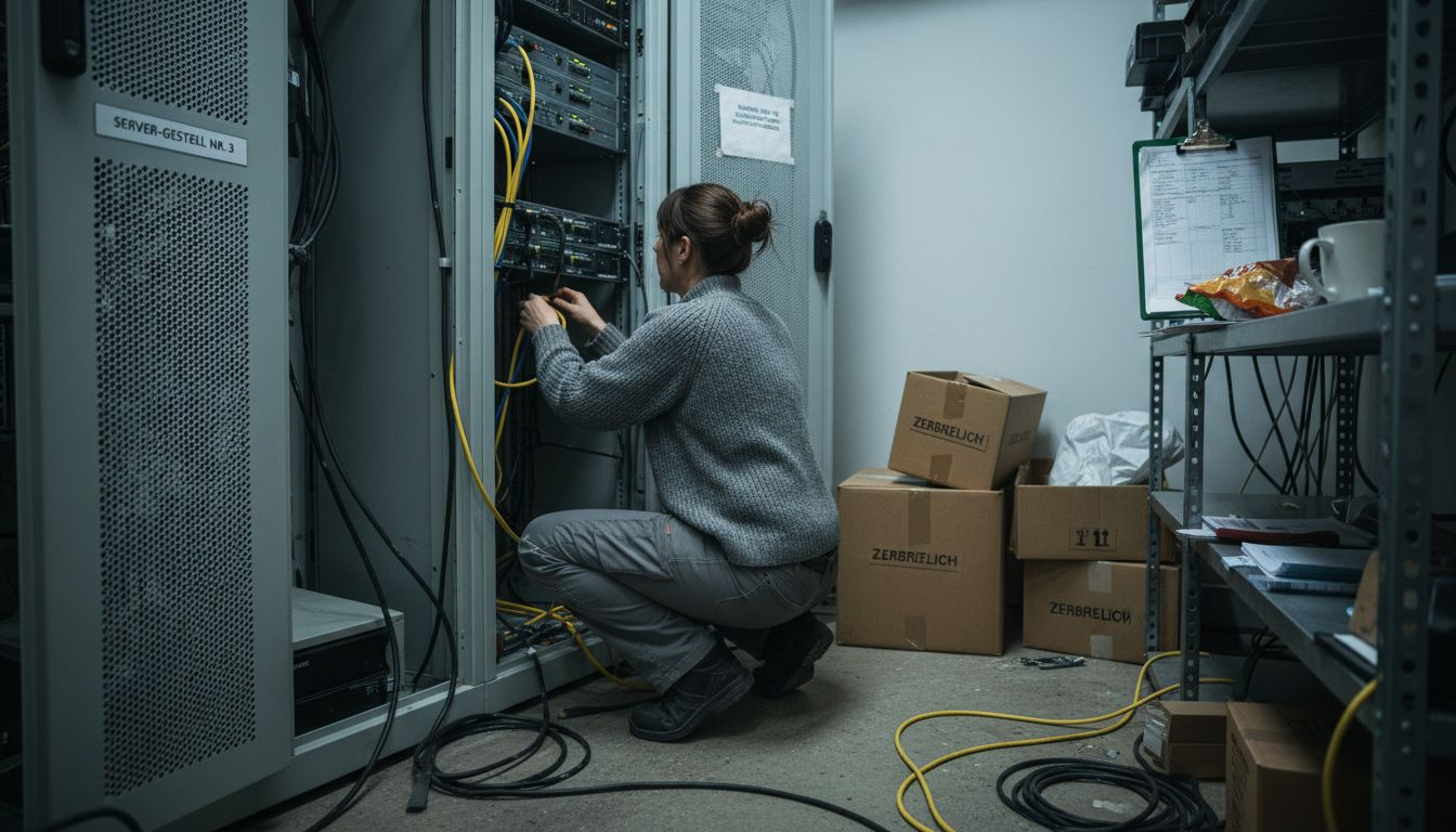 Technician adjusting cables behind server rack