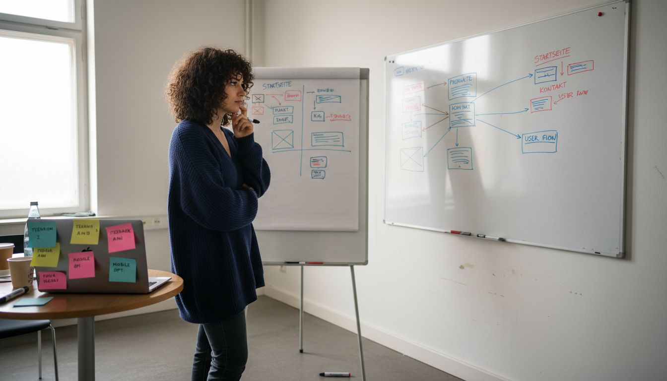 Ein Designer entwirft die Grundstruktur einer Website auf dem Whiteboard.