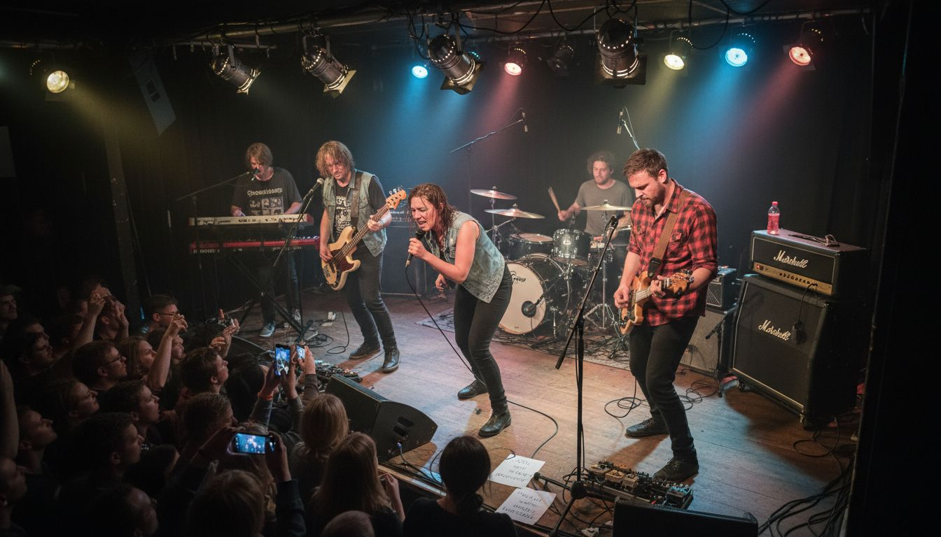 Eine Band steht auf der Bühne und spielt live vor einem kleinen Publikum.