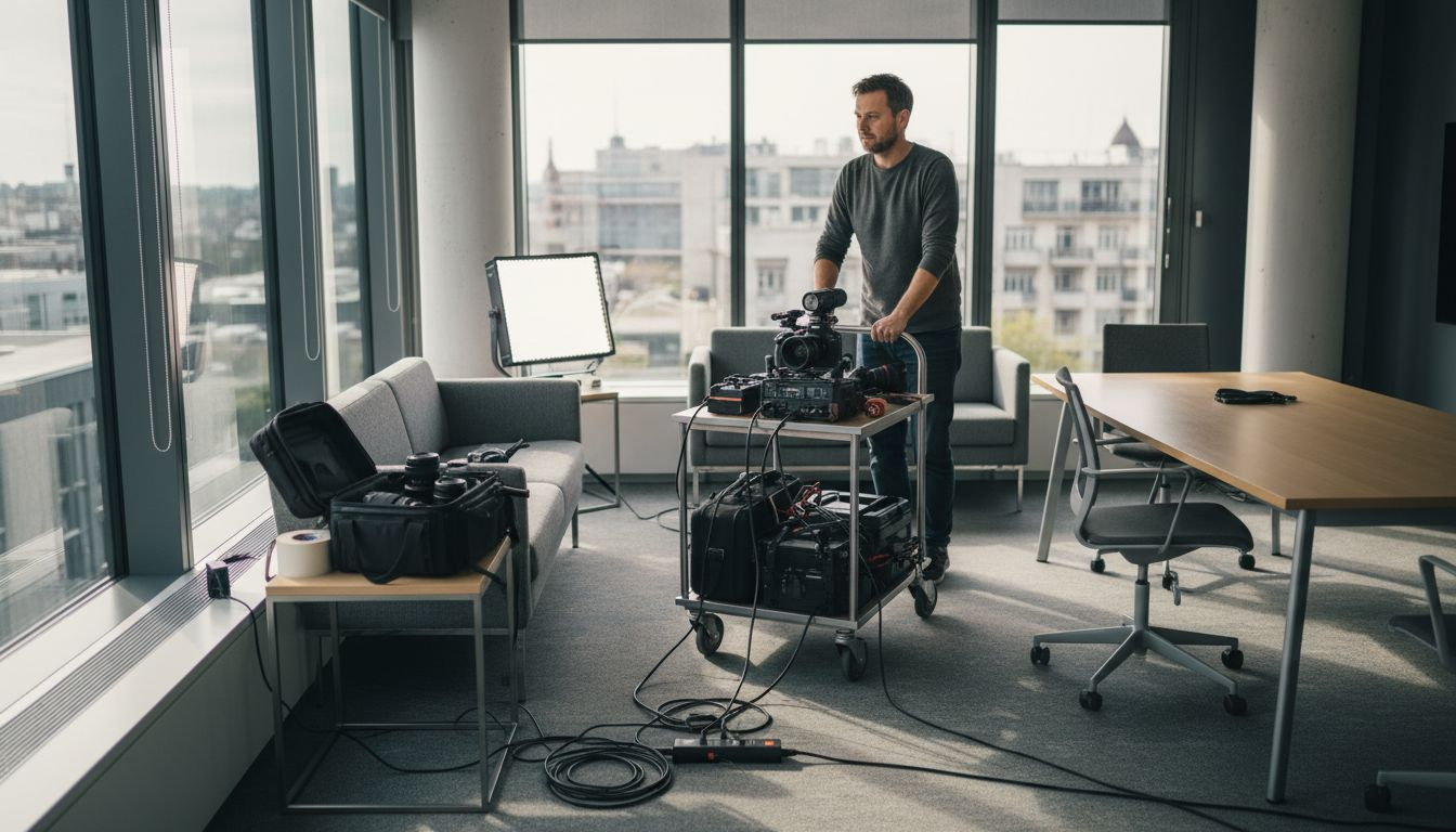Der Videograf bringt sein Equipment zum Drehort mit.