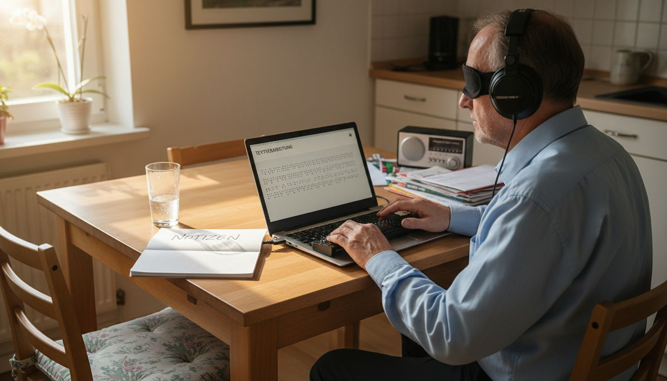 Ein Blinder arbeitet am Laptop und nutzt dabei eine Braillezeile.
