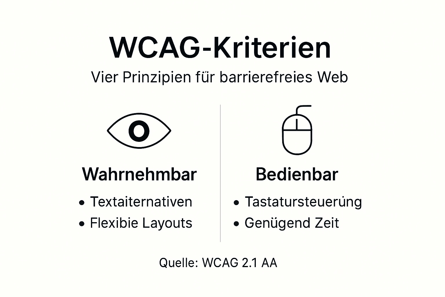 Übersichtsgrafik mit den WCAG-Prinzipien und den wichtigsten Kriterien für barrierefreie Webinhalte