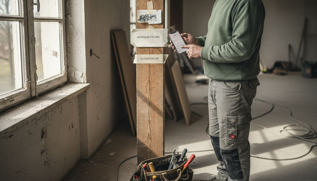 Ein Handwerker greift auf der Baustelle zum Smartphone, um seine Arbeit effizienter zu erledigen.