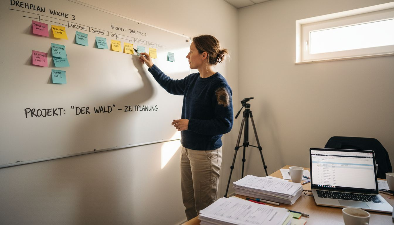 Die Koordinatorin stellt den Zeitplan für die Produktion des Eventfilms vor.