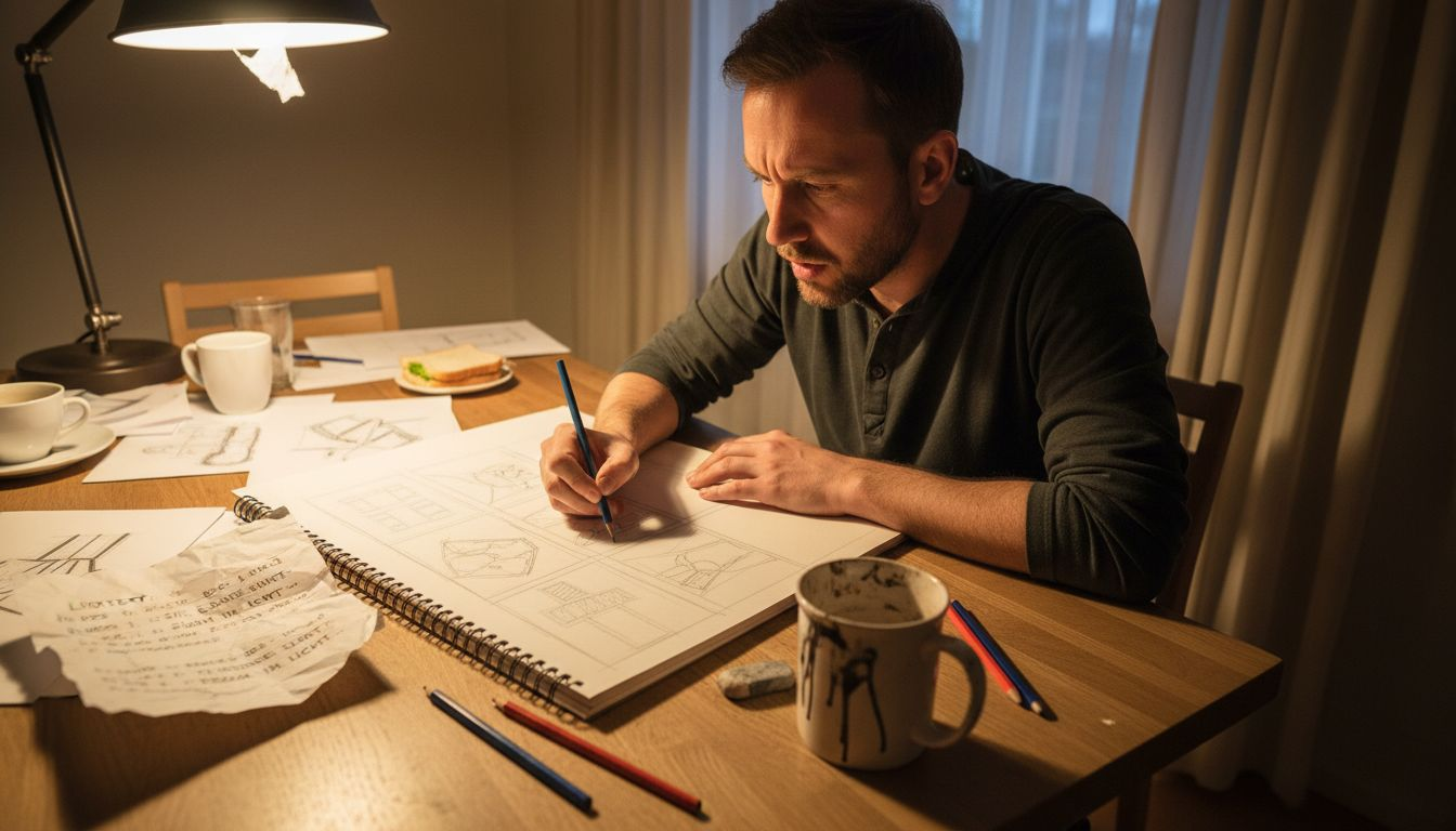 Ein Storyboard-Artist entwirft Skizzen für die einzelnen Szenen eines Musikvideos.