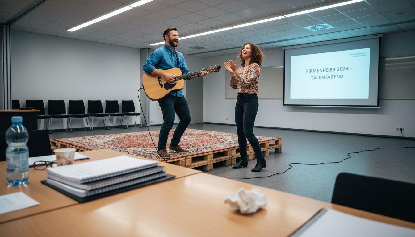 Mitarbeiter geben am Arbeitsplatz eine musikalische Darbietung zum Besten.