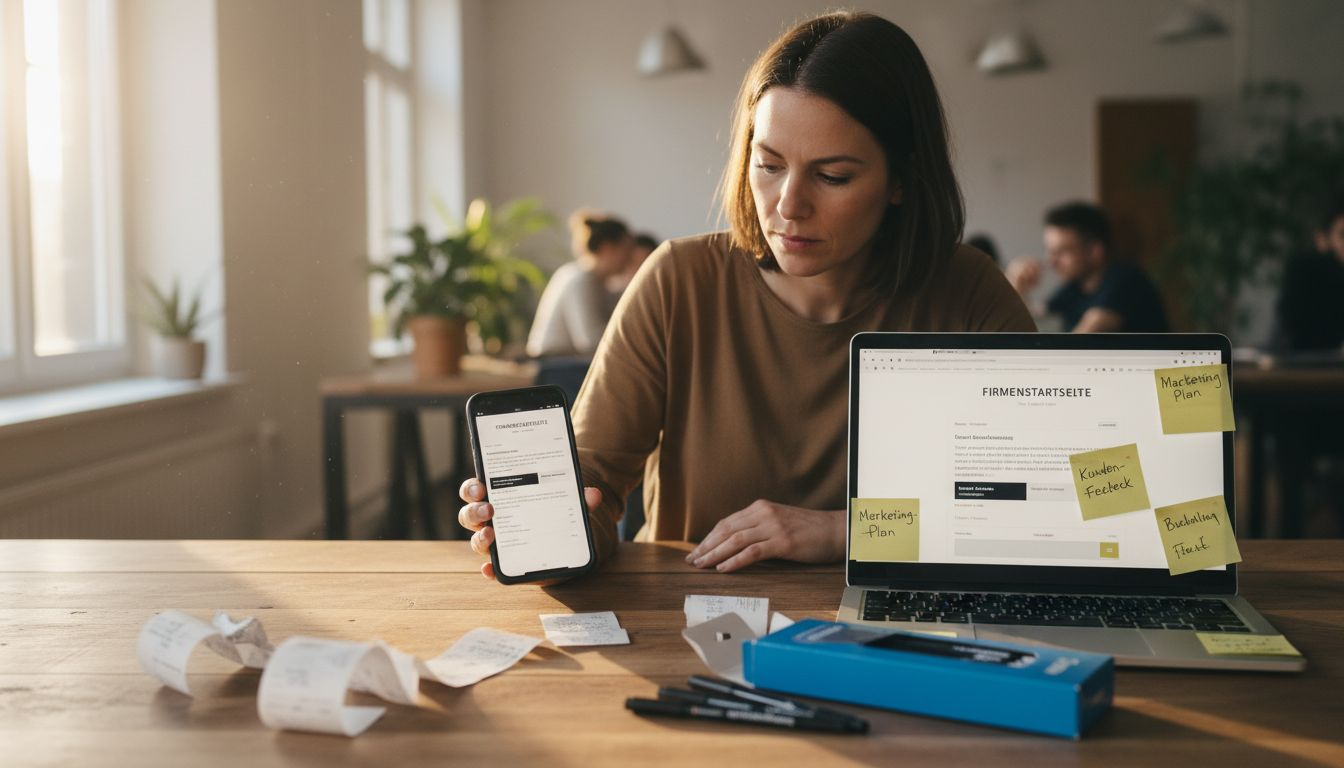 Ein Unternehmer prüft, wie seine Webseite auf verschiedenen Geräten dargestellt wird.