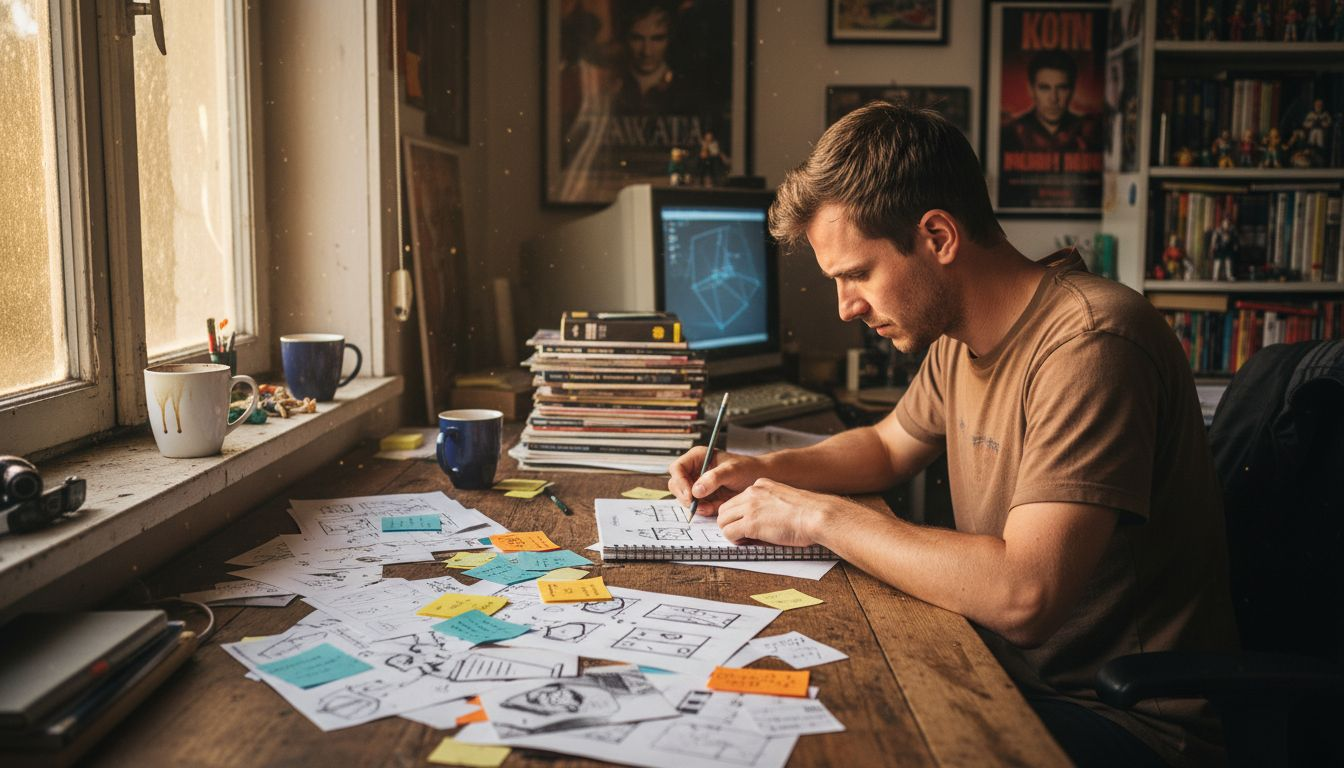 Das Konzept für das Unternehmensvideo nimmt am Schreibtisch Gestalt an.