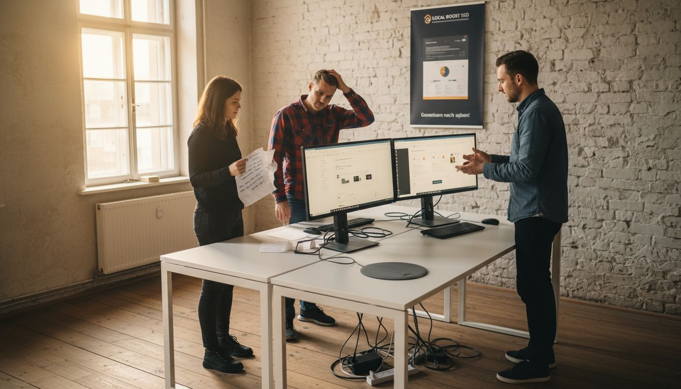 Im Großraumbüro sitzen Kollegen zusammen und vergleichen verschiedene Webseiten miteinander.