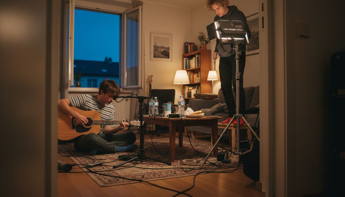 Musiker drehen ein Musikvideo mit einer eigenen Handlung.