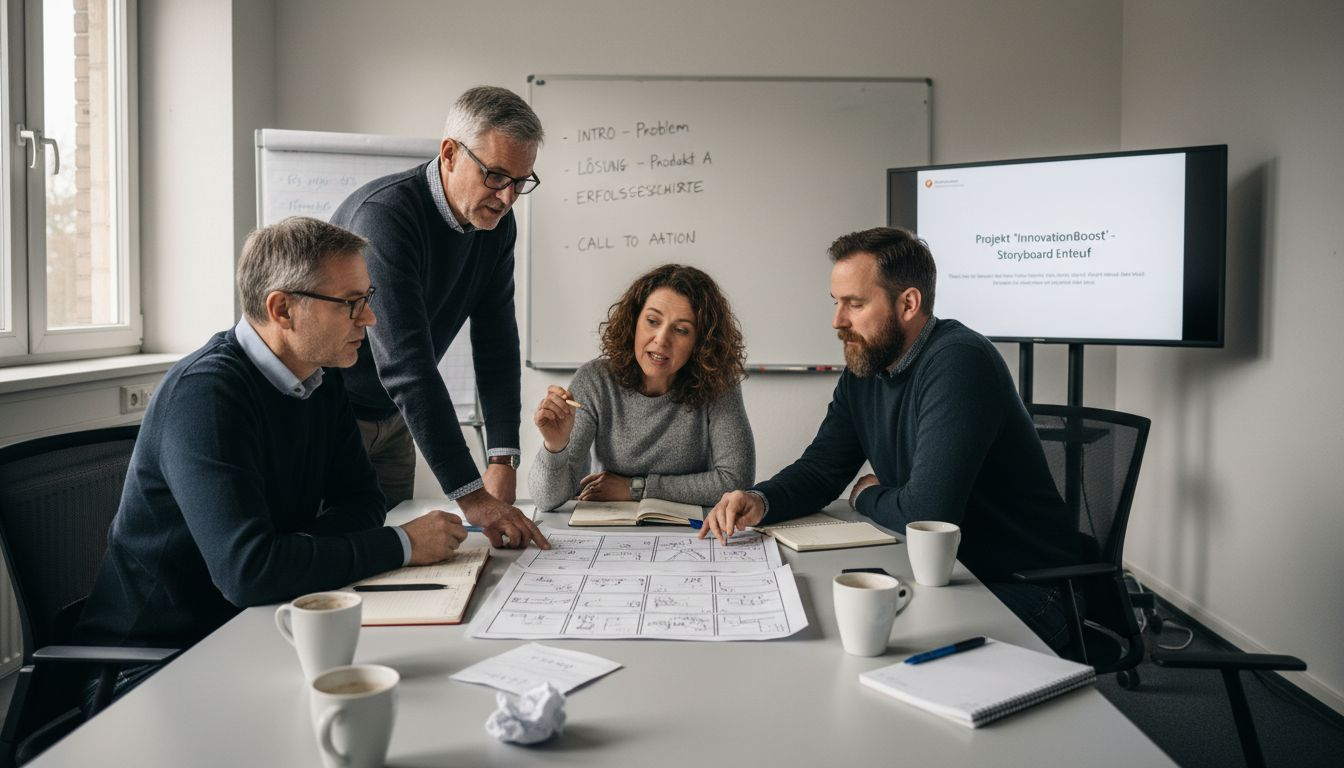Das Team plant gemeinsam die Videoproduktion im Besprechungsraum.