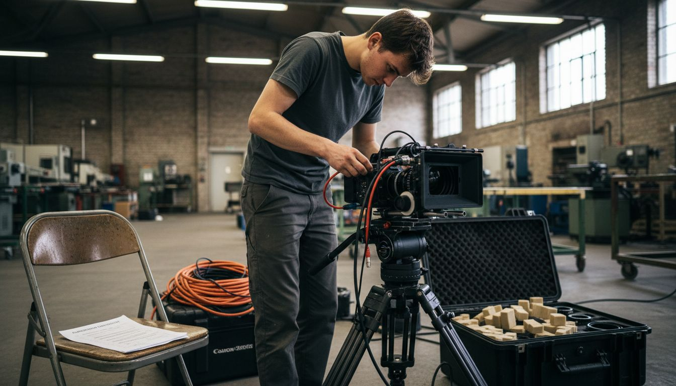 Ein Techniker richtet eine Kamera in einer Fabrikhalle ein.