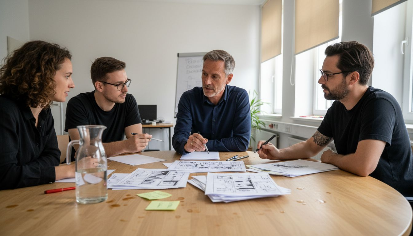 Der Geschäftsführer geht gemeinsam mit seinem Team die Storyboards durch.