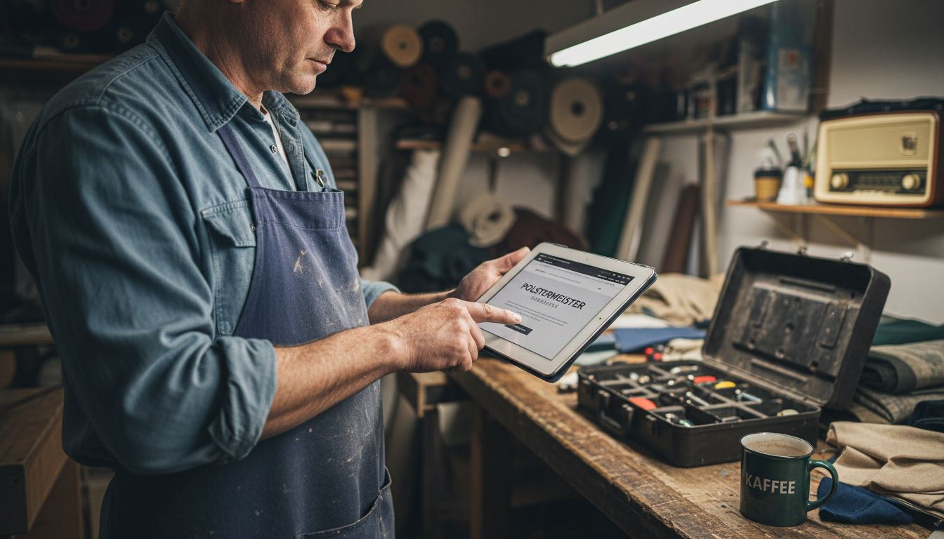 Ein Handwerker bedient seine Webseite ganz bequem über das Tablet.