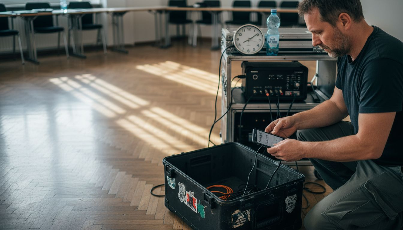 Der DJ baut die Technik für die Veranstaltung auf und sorgt dafür, dass die Soundanlage perfekt eingestellt ist.