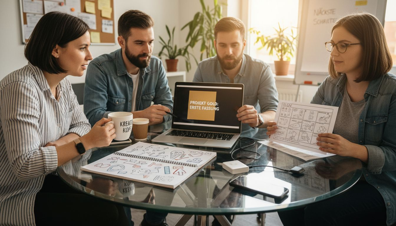 Das Marketingteam schaut sich gemeinsam das Unternehmensvideo in der Besprechung an.