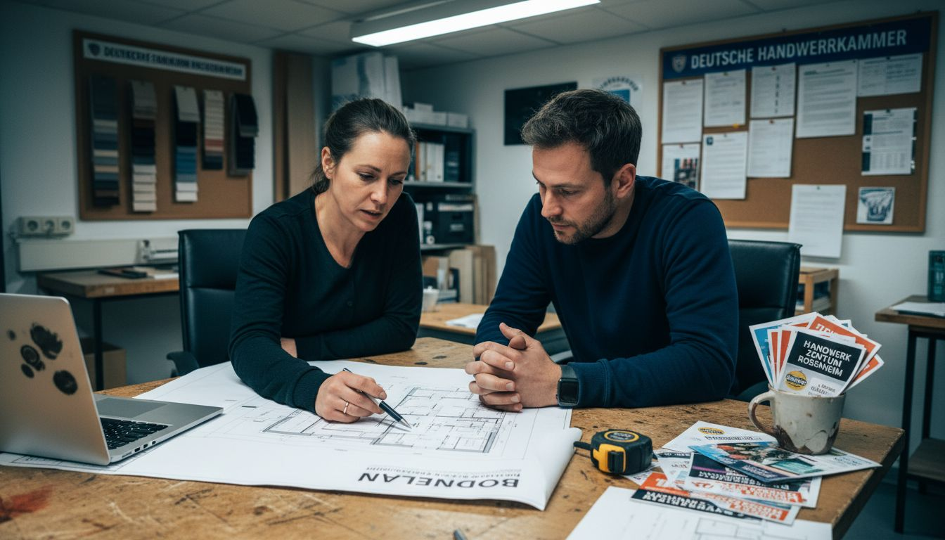 Eine Handwerkerin steht ihren Kunden im Rosenheimer Büro mit fachkundiger Beratung zur Seite.