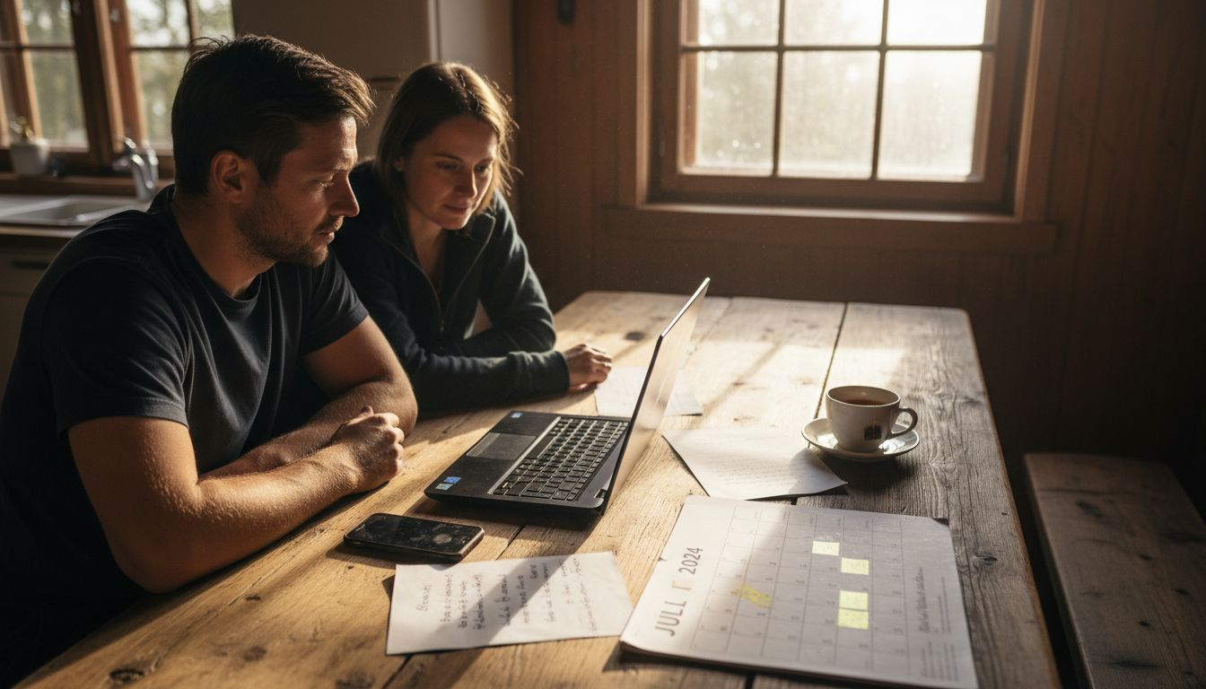 Ein Paar organisiert seine Hochzeitsvorbereitungen mit Hilfe von Laptop-Notizen.