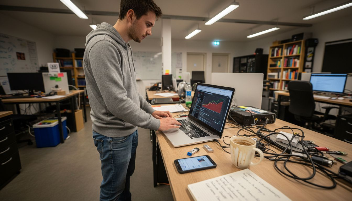 Ein Webentwickler prüft die Ladegeschwindigkeit einer Website in einer Agentur.