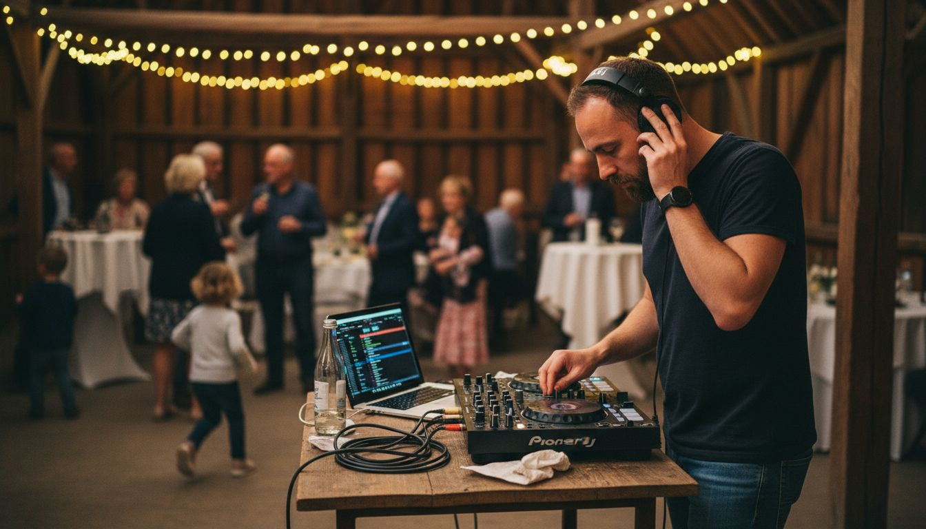 Der DJ stellt auf der Hochzeitsfeier die perfekte Playlist zusammen und bereitet alles für den musikalischen Ablauf vor.
