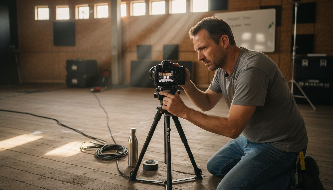 Ein Videograf richtet seine Kamera in einem gemütlich eingerichteten Studio aus.