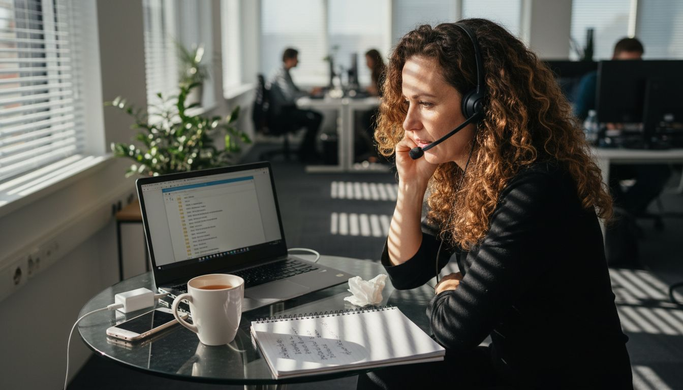 Eine Frau überprüft am Schreibtisch ihre Webseite auf Schadsoftware.