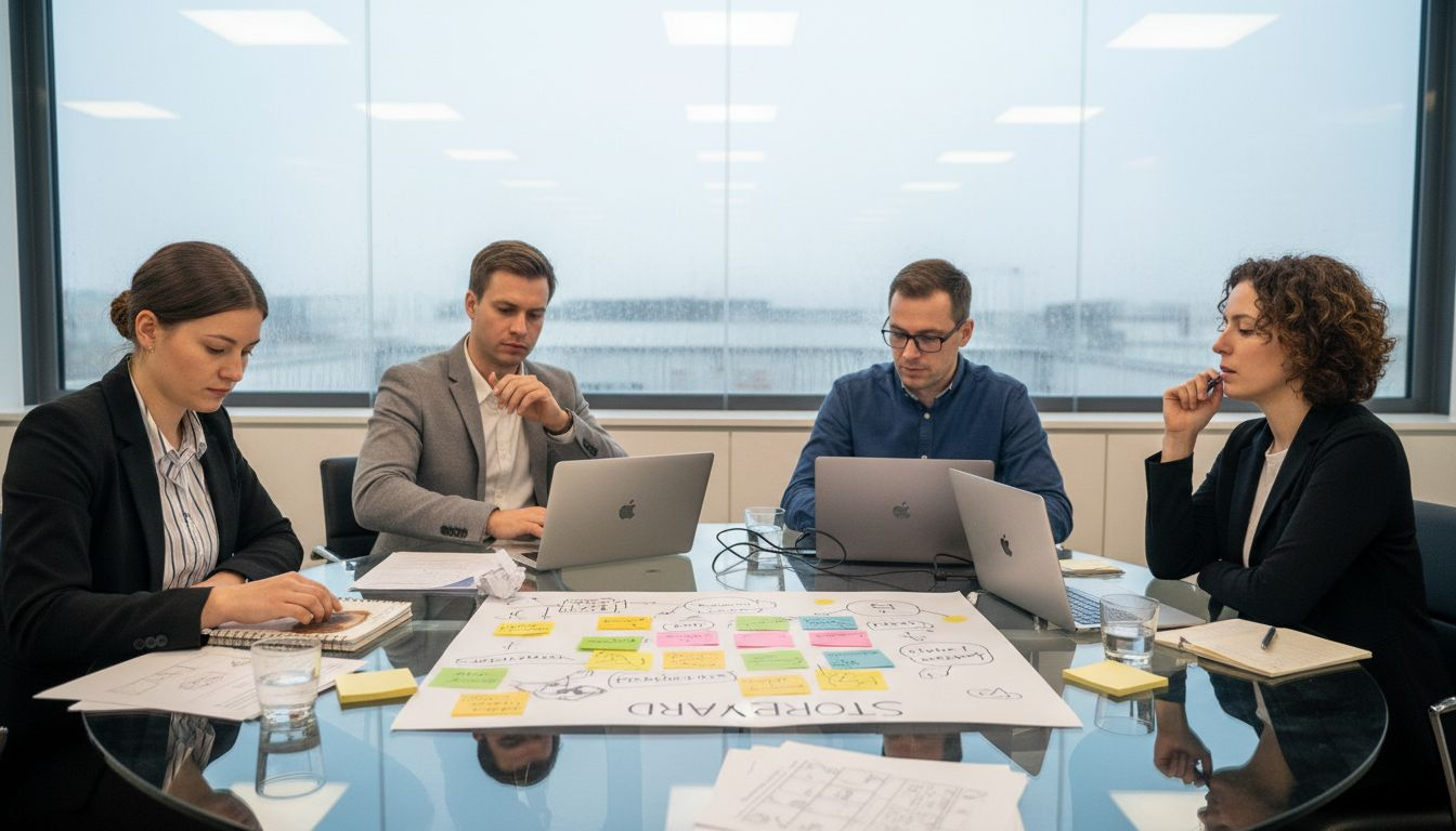 Das Team bespricht das Storyboard in lockerer Atmosphäre im Besprechungsraum.