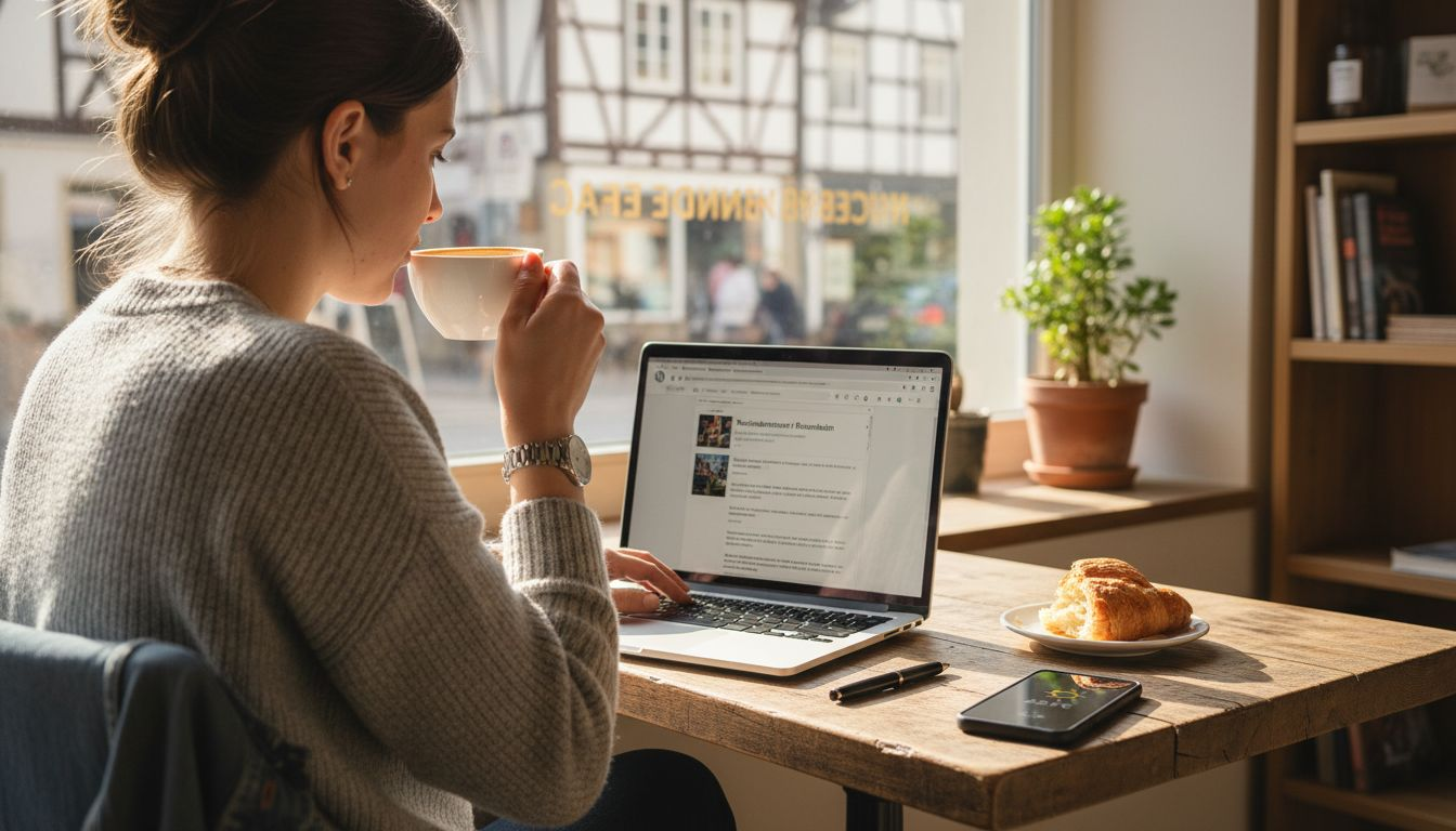 Eine Frau arbeitet in einem Café an ihrer WordPress-Website.