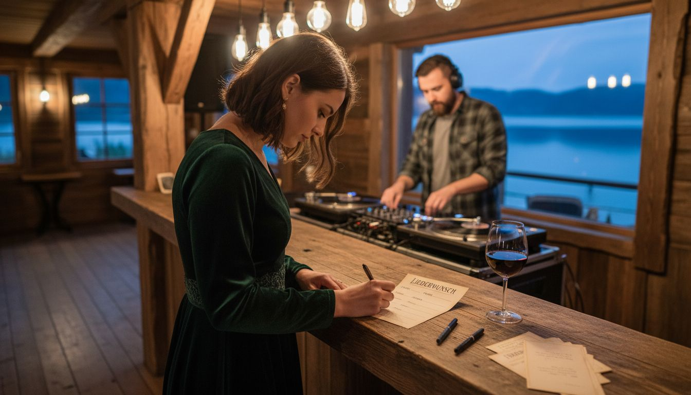 Eine Frau schreibt ihren Musikwunsch auf einem Zettel während der Feier.