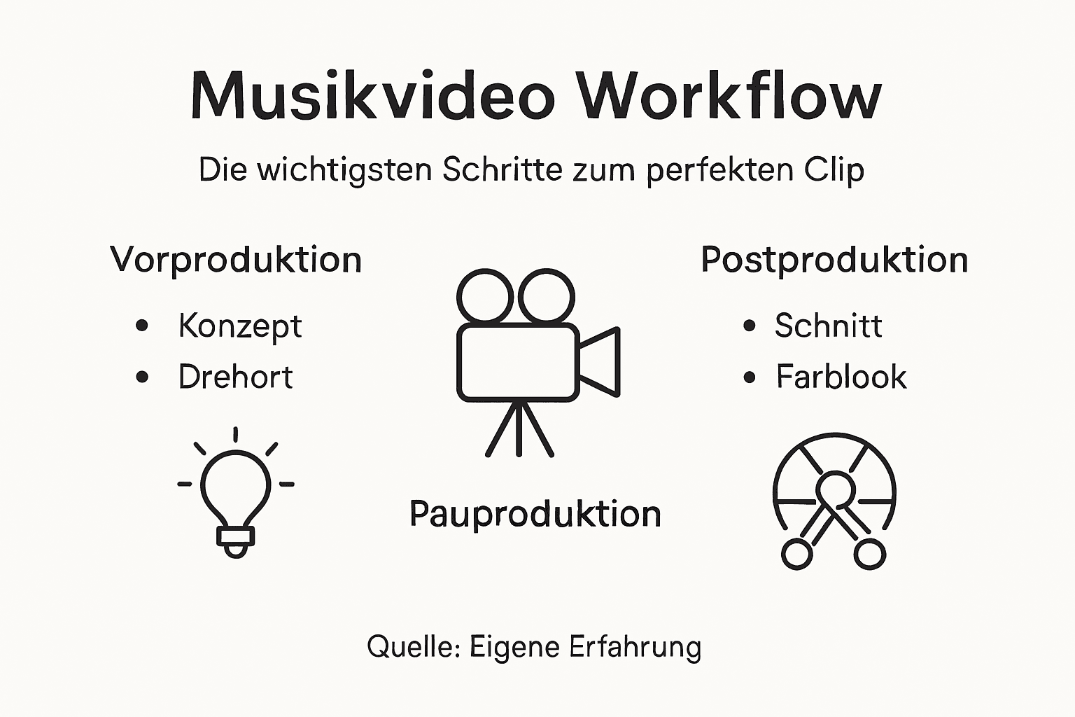 Ablauf eines Musikvideodrehs als Infografik: Die wichtigsten Schritte im Überblick