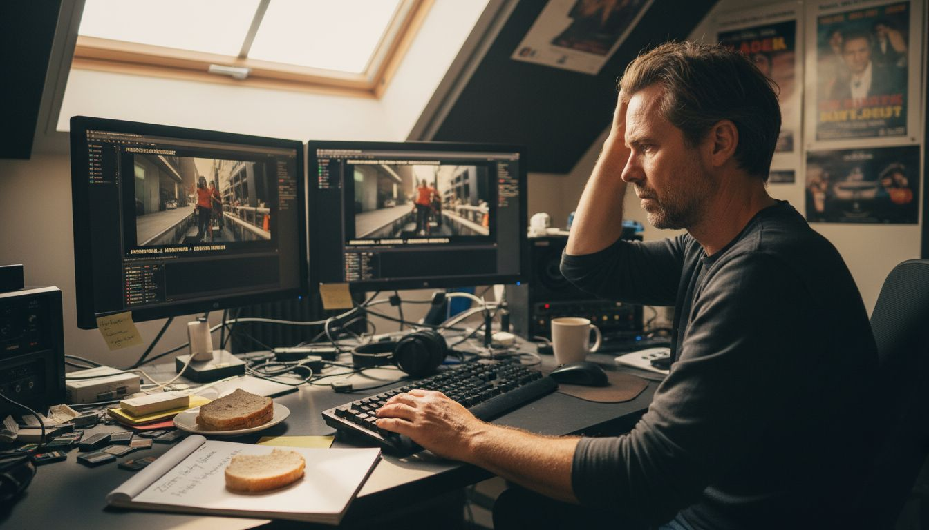Ein Produzent schneidet einen Werbefilm am Schnittplatz.