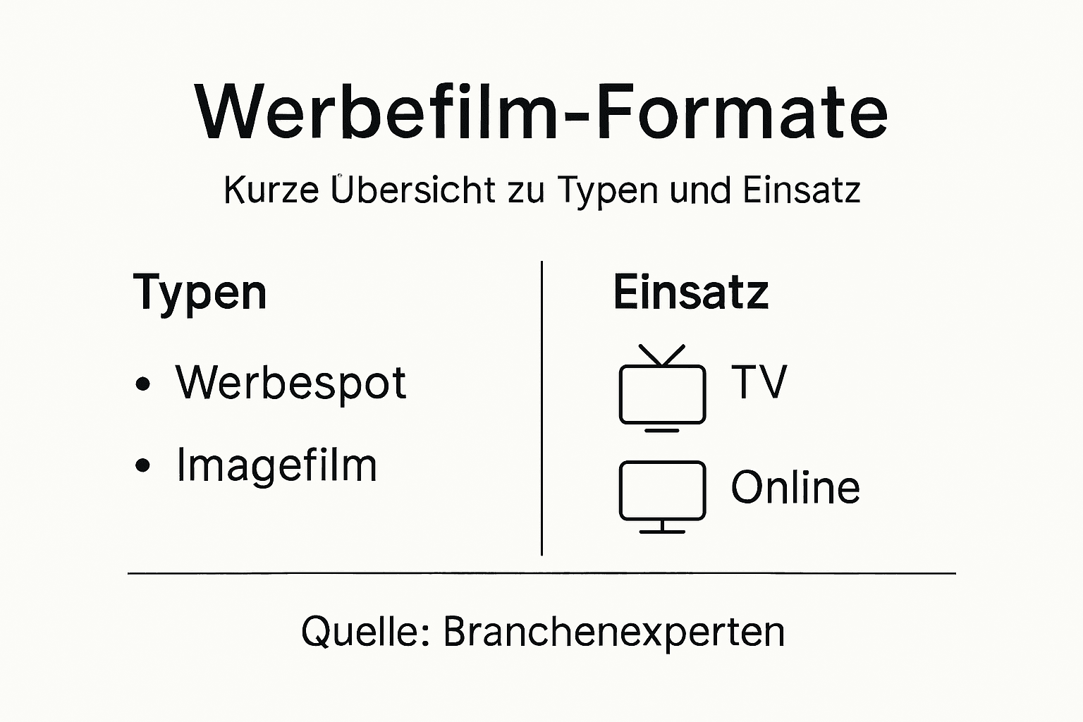 Die Infografik gibt einen Überblick über verschiedene Werbefilmformate und deren Einsatzmöglichkeiten.
