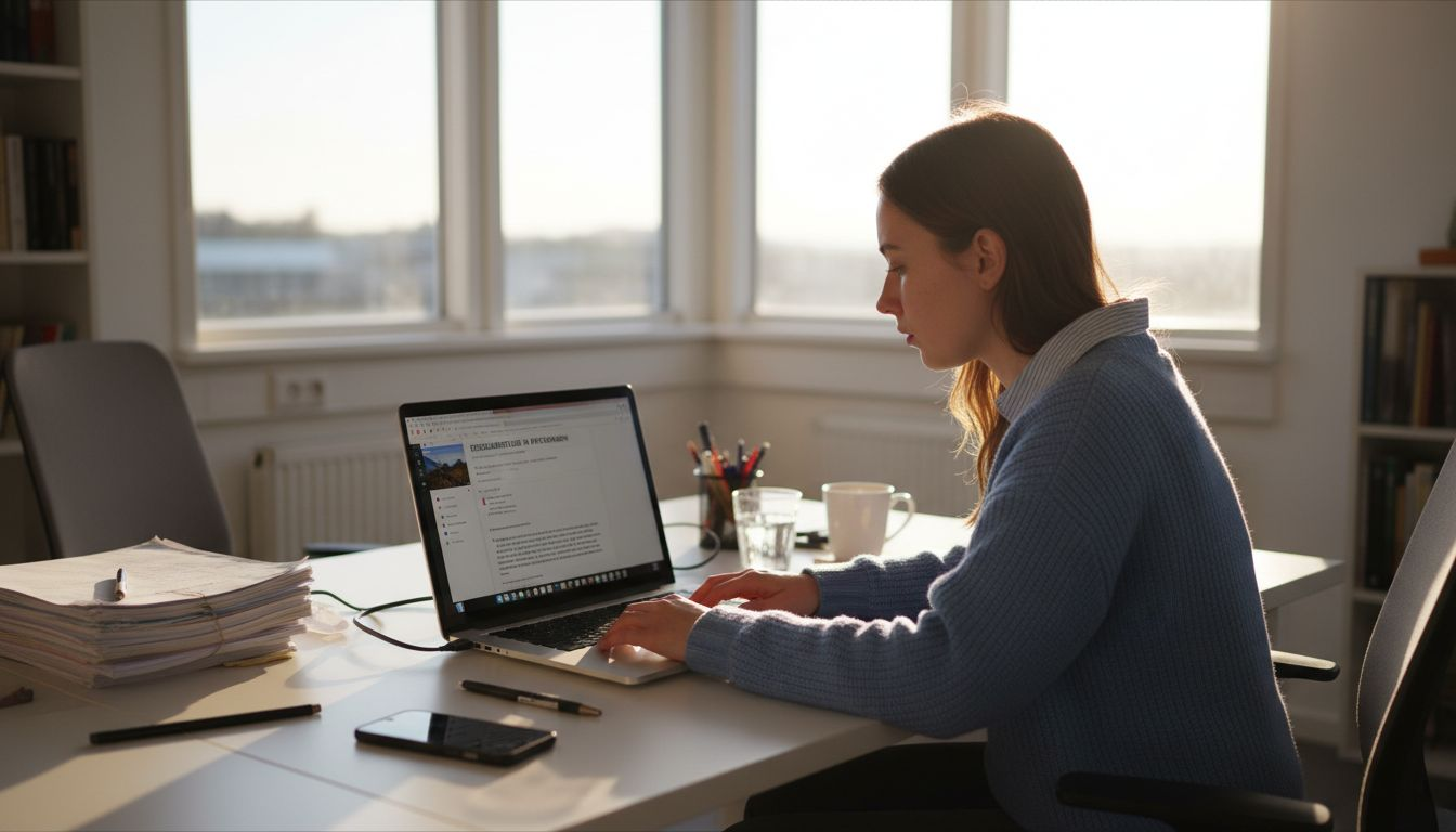 Eine Frau bearbeitet Inhalte im WordPress-Editor.