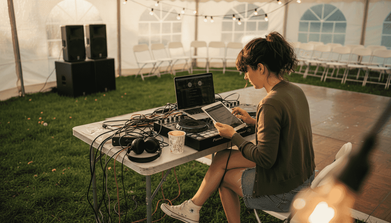 Ein Hochzeits-DJ sorgt im Freien für die perfekte Stimmung und passt die Musikauswahl flexibel an die unterschiedlichen Wünsche der Gäste an.