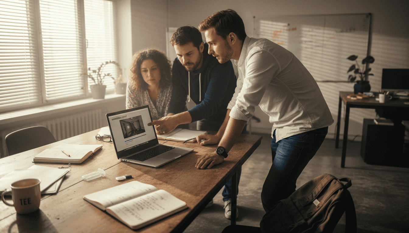 Ein Manager präsentiert seinem Team den ersten Entwurf eines Imagefilms.