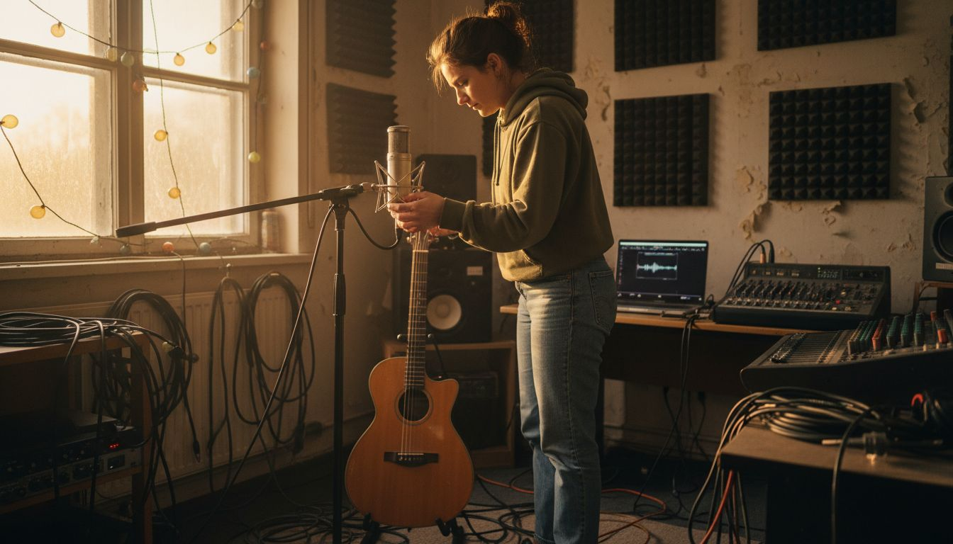 Ein Tontechniker baut gerade das Aufnahme-Equipment auf.