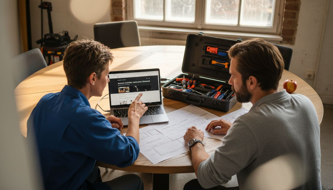 Ein Elektriker und ein Webdesigner tauschen sich über die Gestaltung der neuen Firmenwebsite aus.