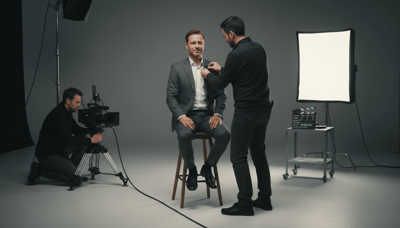 Ein Tontechniker richtet das Studio für ein bevorstehendes Interview ein.