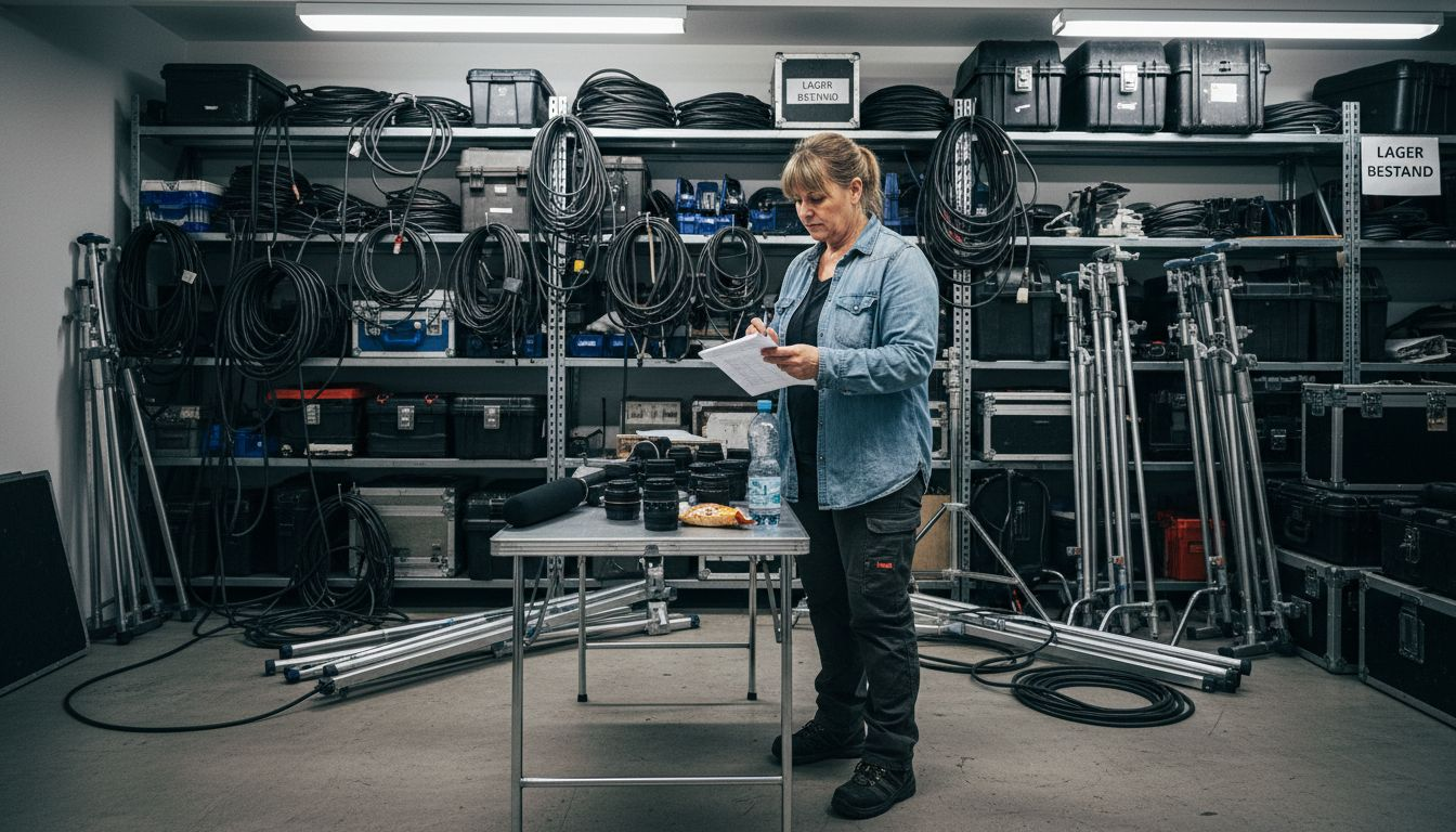 Der Manager überprüft die Ausrüstungsliste für die Videoproduktion.