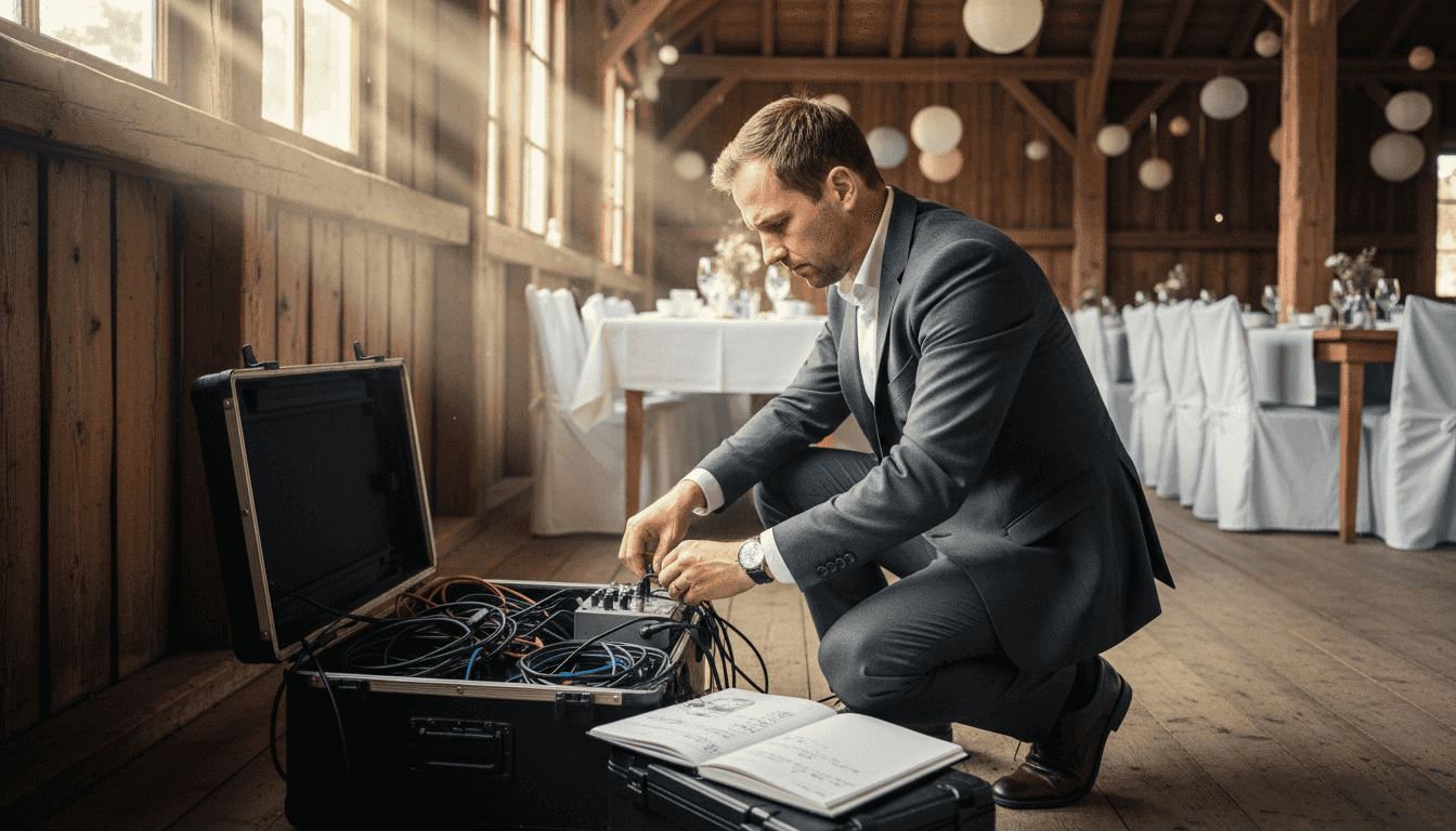 Technik-Setup für eine Hochzeitsfeier in der Scheune