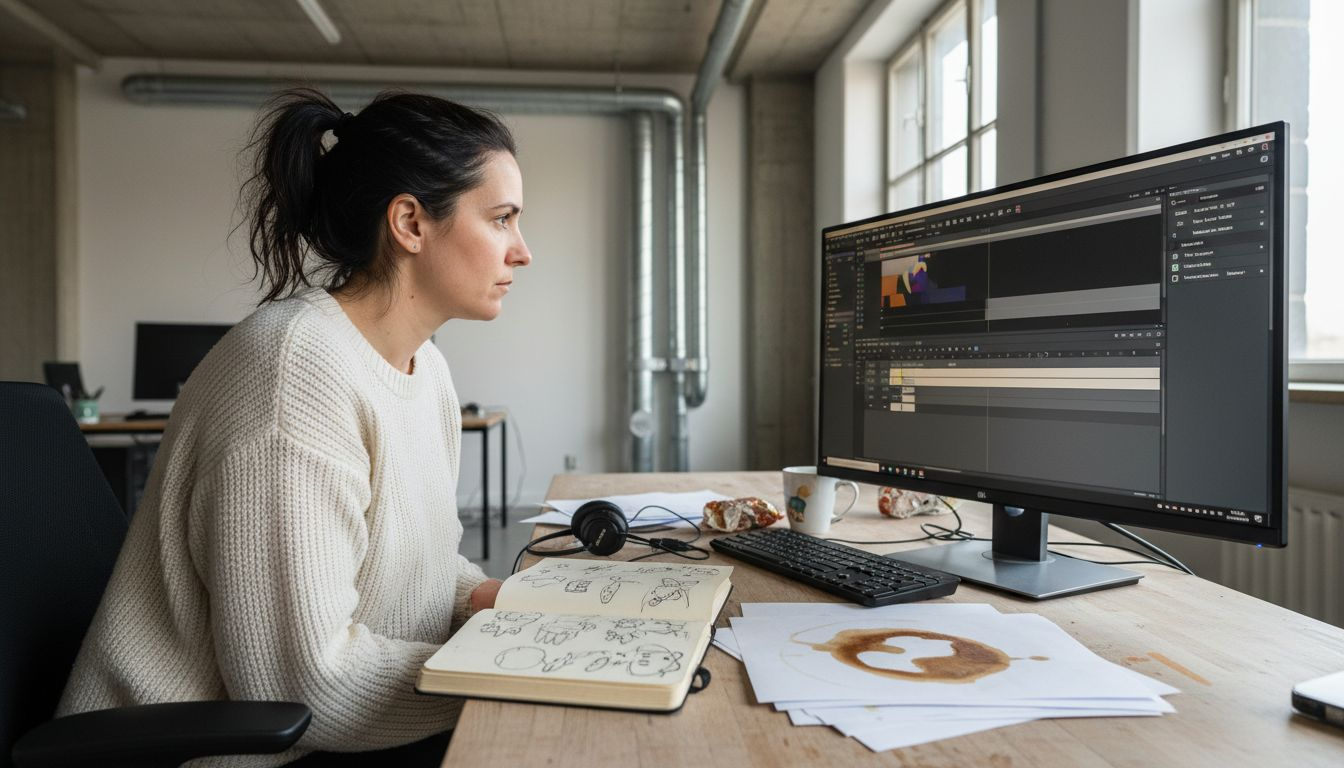 Eine Frau arbeitet am Computer und schneidet ein Erklärvideo.