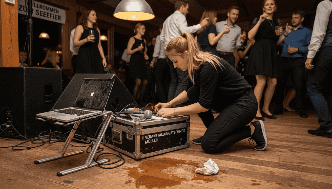 Der DJ stellt auf der Veranstaltung sicher, dass das Ersatz-Equipment einsatzbereit ist.