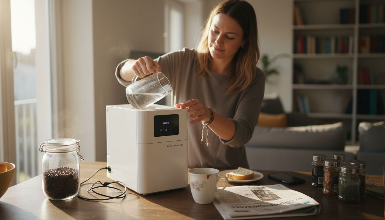Eine Frau verwendet das Produkt an ihrer Küchenarbeitsfläche.