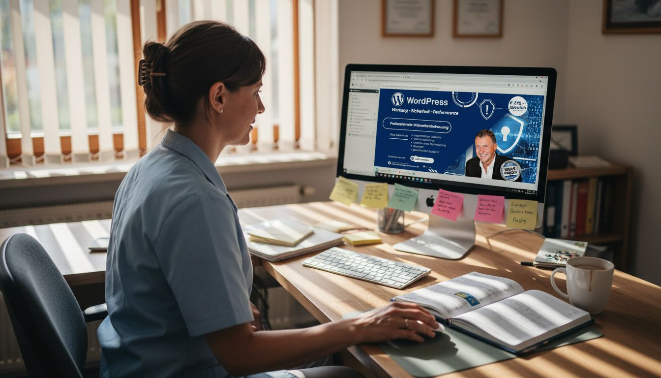 Eine Zahnärztin wirft in ihrer Praxis einen Blick auf die Besucherstatistiken ihrer Website.