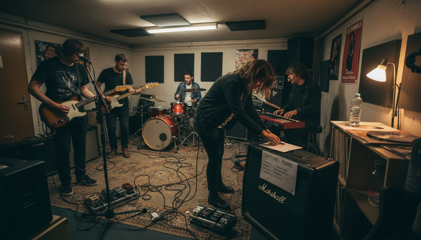 Die Band probt eine Szene für ihr Musikvideo, in der sie live spielt.